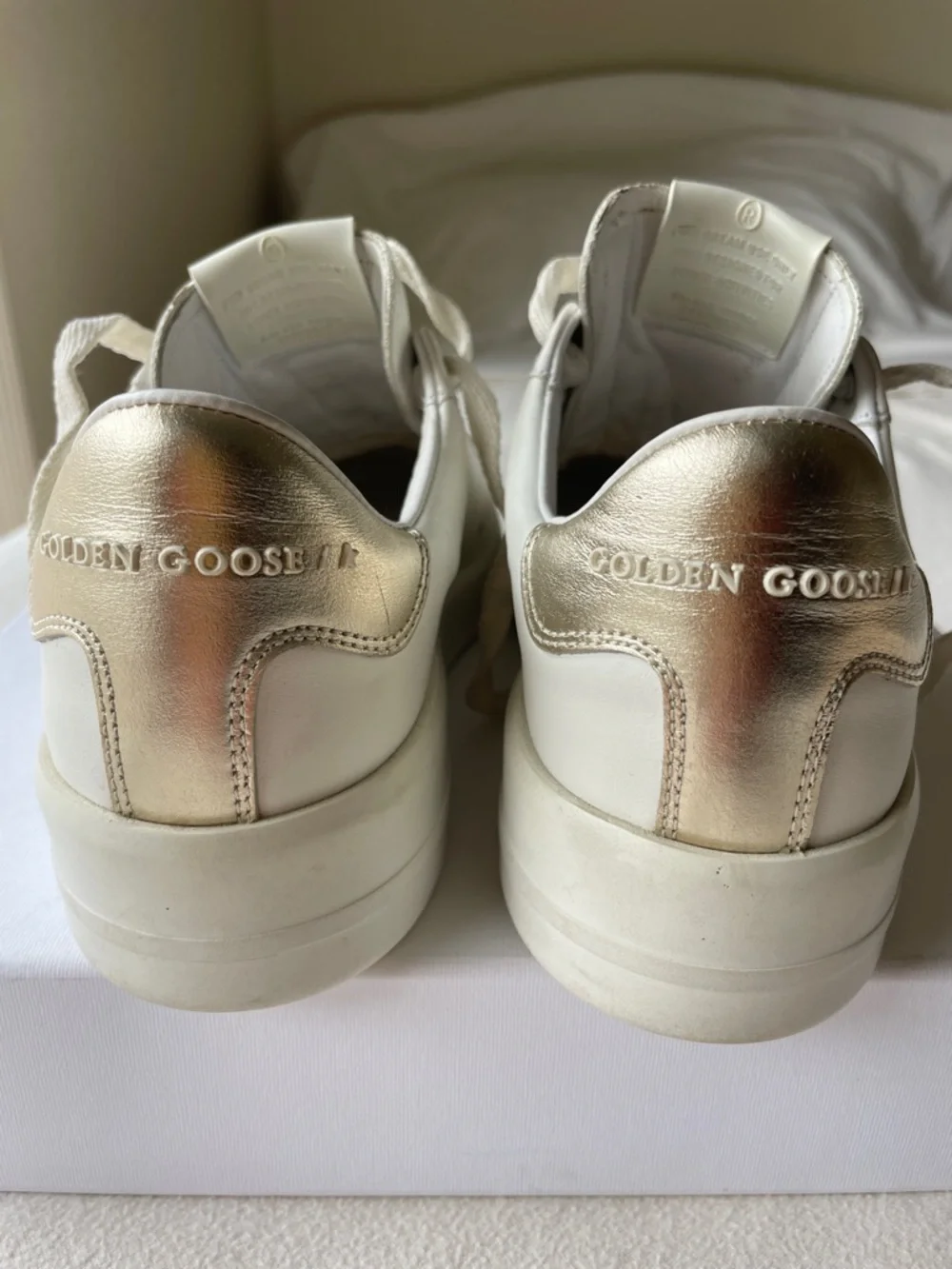 Golden Goose Italian White Leather Sneakers with Gold Heel Accent Size 38